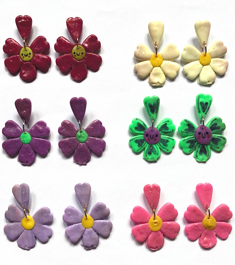 Handmade Daisy Polymer Clay Earrings - Stainless Steel Posts - Floral Boho Style