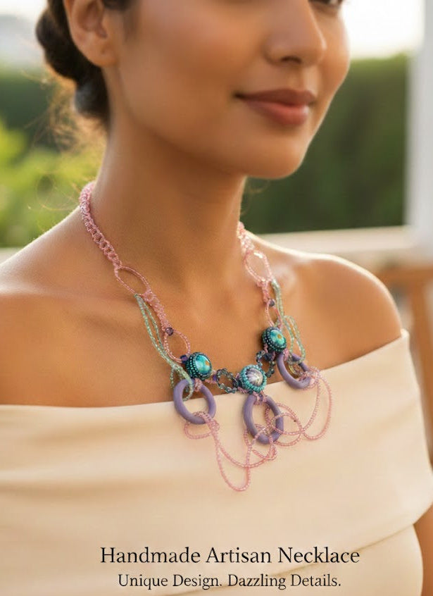 Model wearing handmade artisan necklace