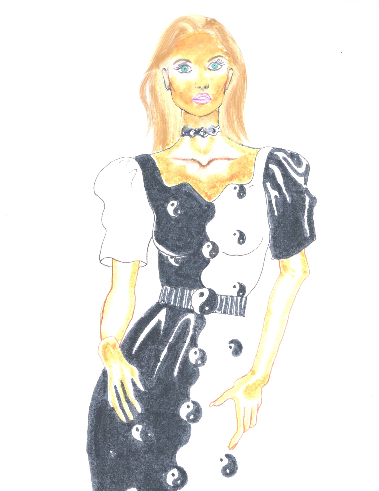 All-over print long sleeve yin and yang midi dress