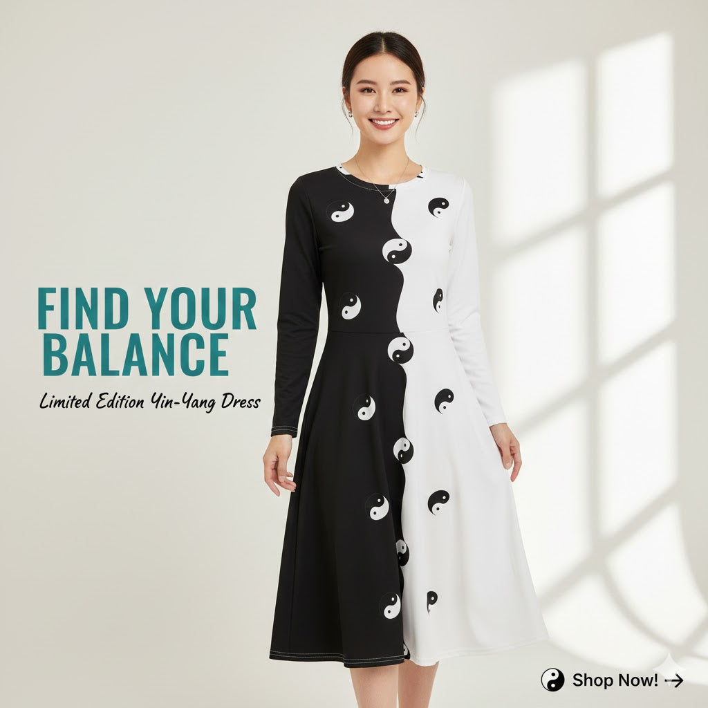 All-over print long sleeve yin and yang midi dress
