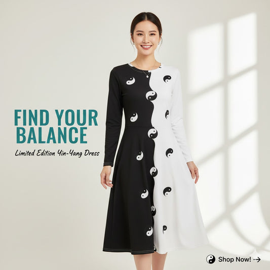All-over print long sleeve yin and yang midi dress