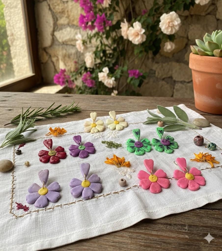 Handmade Daisy Polymer Clay Earrings - Stainless Steel Posts - Floral Boho Style