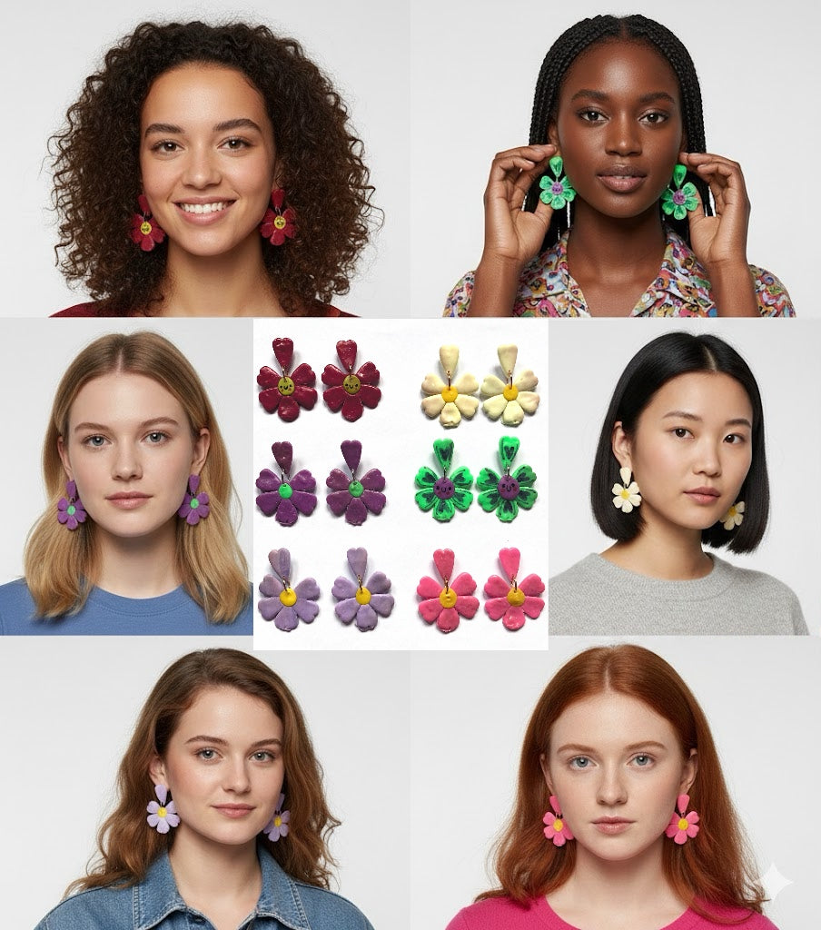 Handmade Daisy Polymer Clay Earrings - Stainless Steel Posts - Floral Boho Style