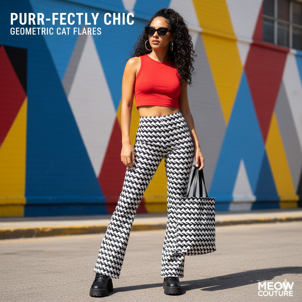 A model wearing geometric cat print flares and a red crop top standing in front of a colorful mural for a "Meow Couture" fashion advertisement.